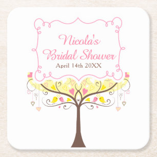Dessous-de-verre Carré En Papier Mariage Fleuris Oiseau Rose Jaune