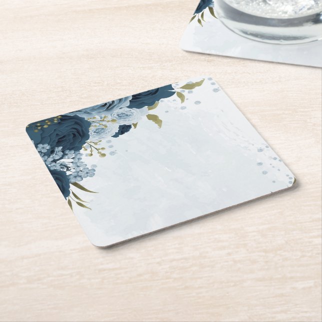 Dessous-de-verre Carré En Papier mariage fleurs bleu marine bleu clair (Incliné)