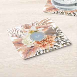 Dessous-de-verre Carré En Papier Mariage Floral au Bleu Poussiéreux et Pêche