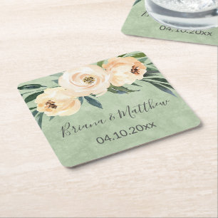Dessous-de-verre Carré En Papier Mariage Floral Beige Blush sur Fond Vert