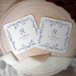 Dessous-de-verre Carré En Papier Mariage Floral Bleu Nuit Victorien Monogramme Fran