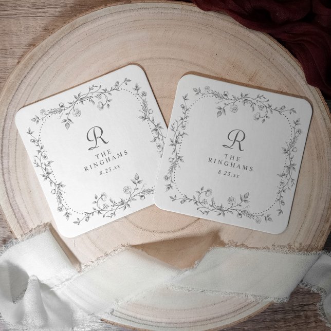 Dessous-de-verre Carré En Papier Mariage Floral Gris Victorien Monogramme Français (Personalized Silver Gray Wedding Coaster with Vintage French Floral Design)