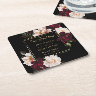 Dessous-de-verre Carré En Papier Mariage Floral Noir Burgundy Sombre Blush