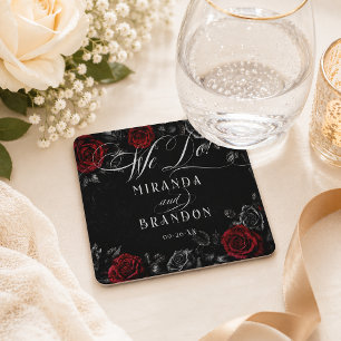 Dessous-de-verre Carré En Papier Mariage Floral Noir Rouge Calligraphie Élégante