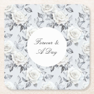 Dessous-de-verre Carré En Papier Mariage floral romantique gris argenté blanc rose