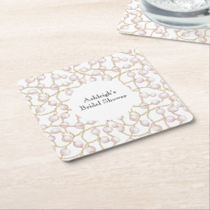 Dessous-de-verre Carré En Papier Mariage Glamour Perles Roses Dorées