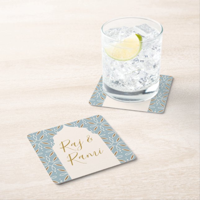Dessous-de-verre Carré En Papier Mariage indien Blue Floral Arch (En situation)