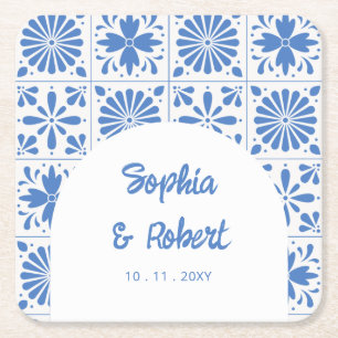 Dessous-de-verre Carré En Papier Mariage mexicain en carreaux de Talavera bleu