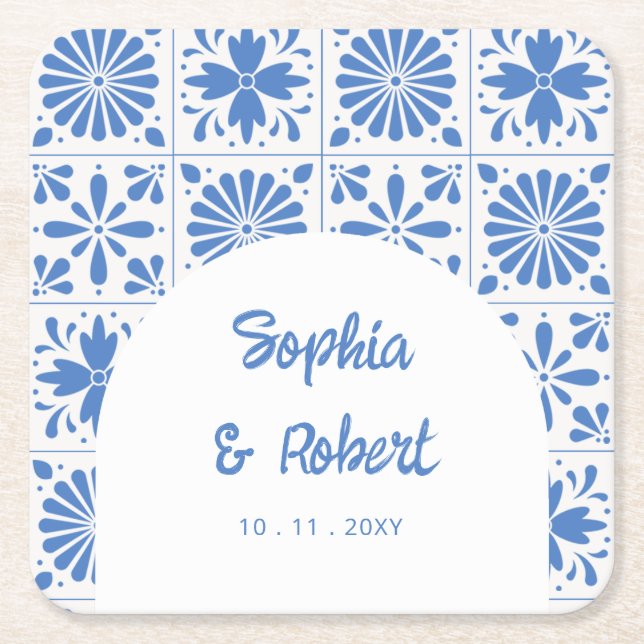 Dessous-de-verre Carré En Papier Mariage mexicain en carreaux de Talavera bleu (Devant)