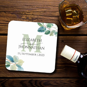 Dessous-de-verre Carré En Papier Mariage monogrammé à eucalyptus vert