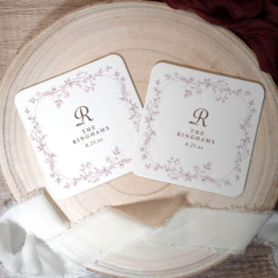 Dessous-de-verre Carré En Papier Mariage Monogramme Fleuris Rose Poussiéreuse Mauve