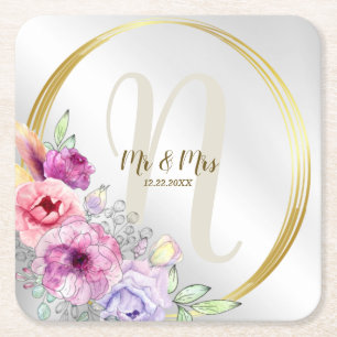 Dessous-de-verre Carré En Papier Mariage Monogramme Nom Colorful rose Floral Or