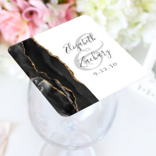 Dessous-de-verre Carré En Papier Mariage noir or script géode d'agate