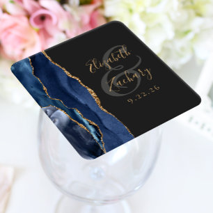 Dessous-de-verre Carré En Papier Mariage Nuit Bleue Foncé Script Géode d'Agate Or