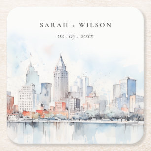 Dessous-de-verre Carré En Papier Mariage Paysage Aquarelle Détroit Michigan