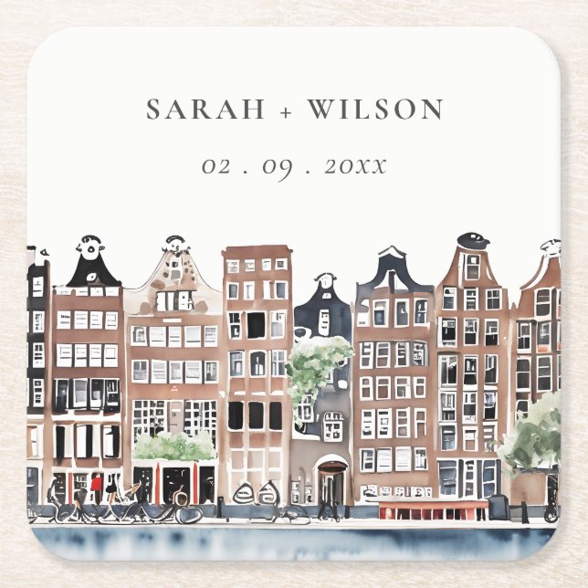 Dessous-de-verre Carré En Papier Mariage paysager du canal néerlandais d'Amsterdam (Devant)