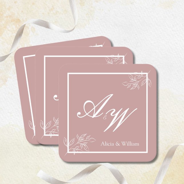 Dessous-de-verre Carré En Papier Mariage personnalisé rose et blanc poussiéreux (Créateur téléchargé)
