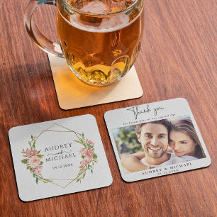 Dessous-de-verre Carré En Papier Mariage photo floral de cadre doré moderne Merci
