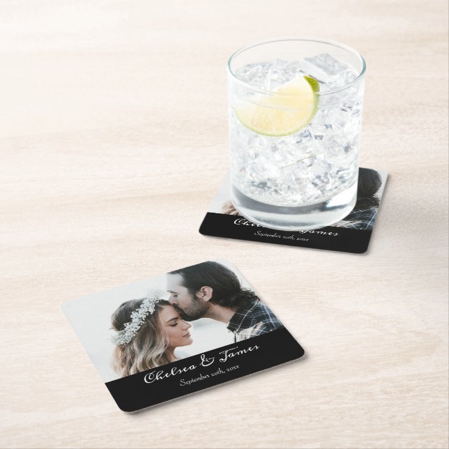 Dessous-de-verre Carré En Papier Mariage photo moderne noir élégant (En situation)