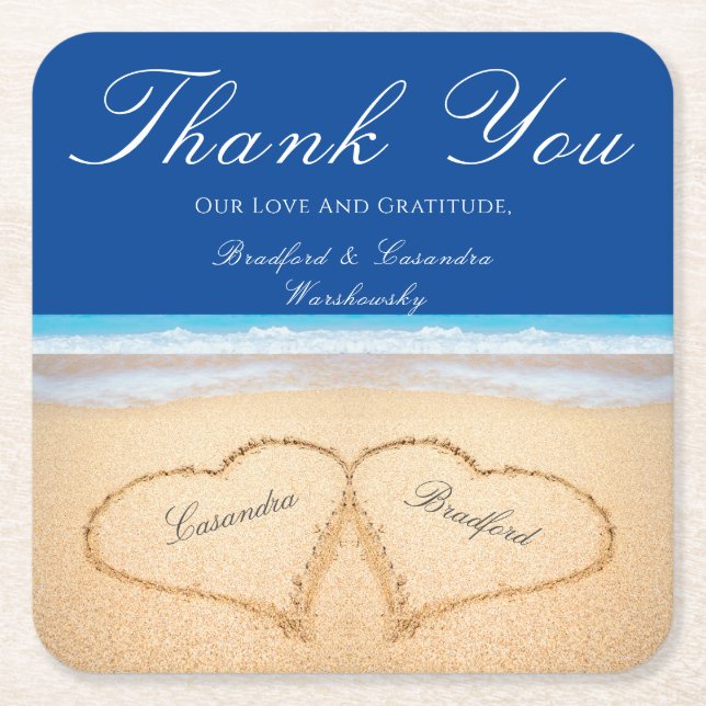 Dessous-de-verre Carré En Papier Mariage plage 2 Coeurs dans le Mariage de sable (Devant)