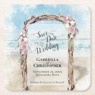 Dessous-de-verre Carré En Papier Mariage plage Enregistrer la date Pastel Aquarelle