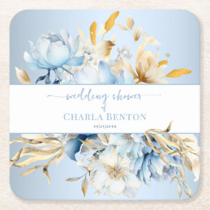 Dessous-de-verre Carré En Papier Mariage Romantique Bleu Floral Or Douche de Mariée