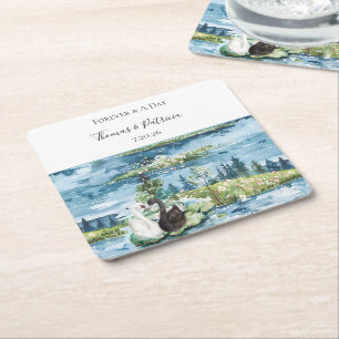 Dessous-de-verre Carré En Papier Mariage Romantique Cygnes Lys du Lac Bleu