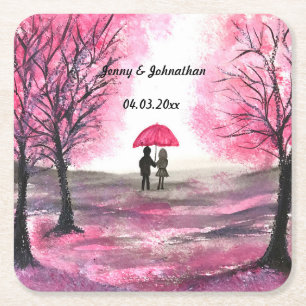 Dessous-de-verre Carré En Papier Mariage rustique amour couple cerisier fleurs arbr