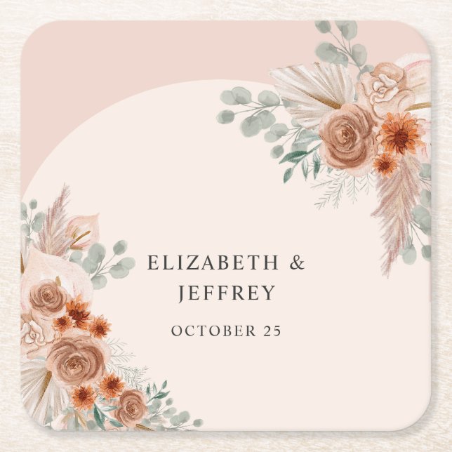 Dessous-de-verre Carré En Papier Mariage rustique Boho Terracotta Pampas (Devant)