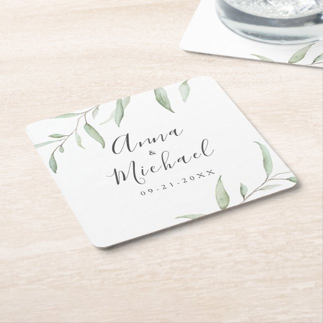 Dessous-de-verre Carré En Papier Mariage rustique verdoyante minimale (Incliné)