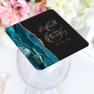 Dessous-de-verre Carré En Papier Mariage Sombre Agate Géode Écriture Turquoise Or