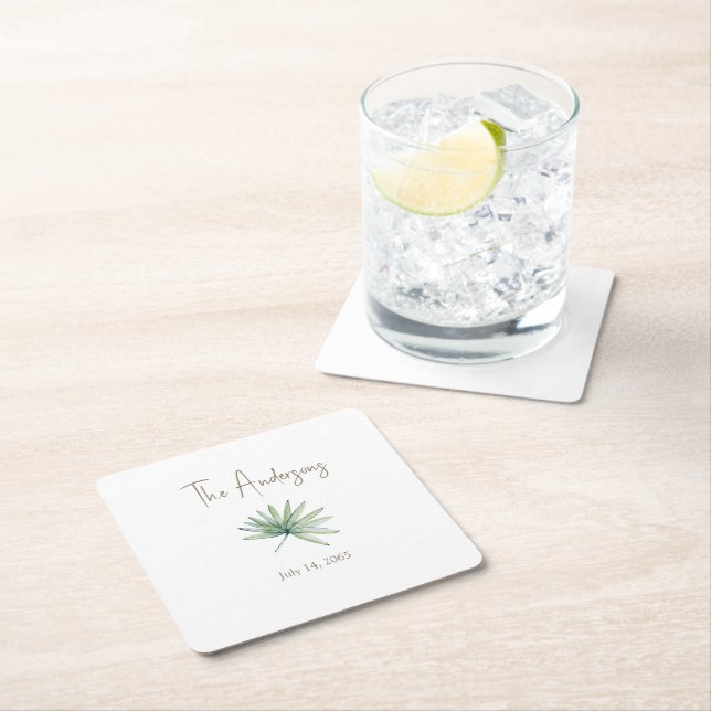 Dessous-de-verre Carré En Papier Mariage Tropical Personnalisé Blanc  (En situation)