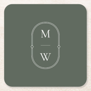 Dessous-de-verre Carré En Papier Mariage vert monogramme minimaliste