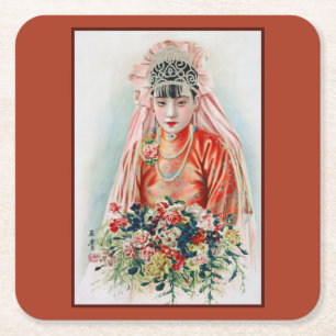 Dessous-de-verre Carré En Papier Mariée en rouge lors d'un mariage chinois à Shangh