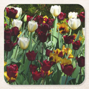 Dessous-de-verre Carré En Papier Maroon et Tulipes Jaunes Florales colorées