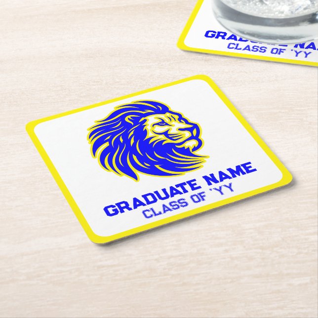 Dessous-de-verre Carré En Papier Mascotte de Lion jaune et bleu (Incliné)