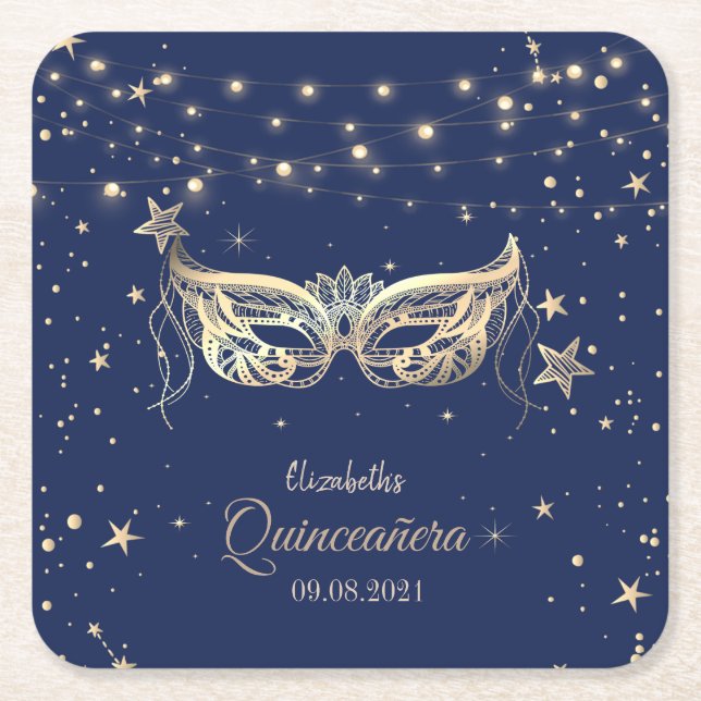 Dessous-de-verre Carré En Papier Masquerade, Marine Bleu Stars Quinceañera (Devant)