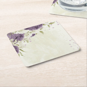 Dessous-de-verre Carré En Papier mauve fleurs blanches verdure mariage