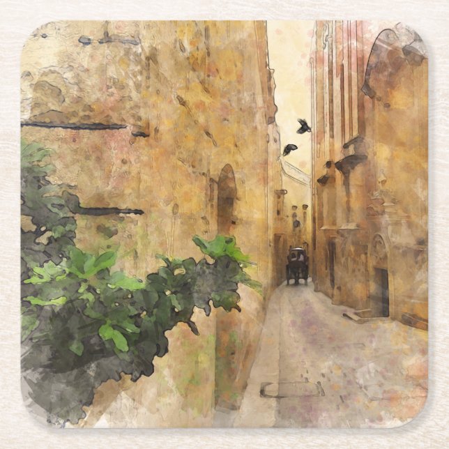 Dessous-de-verre Carré En Papier Médiéval Narrow Street Vieilles bâtisses Aquarelle (Devant)