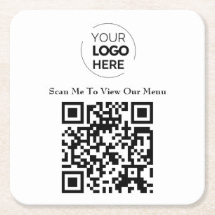 Dessous-de-verre Carré En Papier Menu Code QR   Logo Blanc sans contact moderne