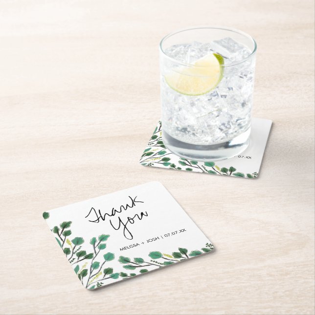 Dessous-de-verre Carré En Papier Merci feuille de eucalyptus dessinée à la main   (En situation)