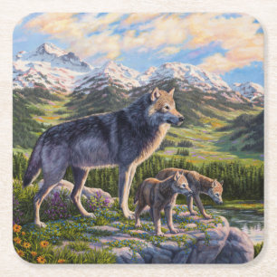 Dessous-de-verre Carré En Papier Mère Wolf & Pups Mountain River Valley