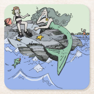 Dessous-de-verre Carré En Papier Mermaid littoral mignon dessin animé plage art pou