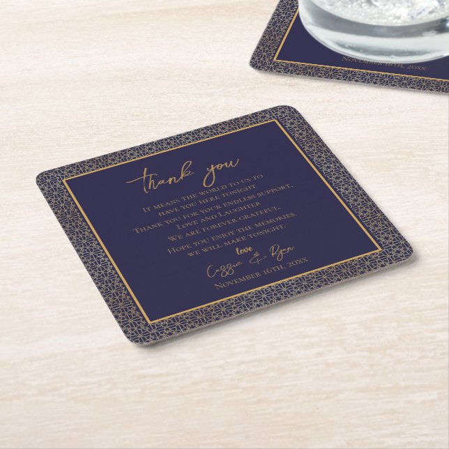 Dessous-de-verre Carré En Papier Message de Merci Mariage de design or de la Marine (Incliné)