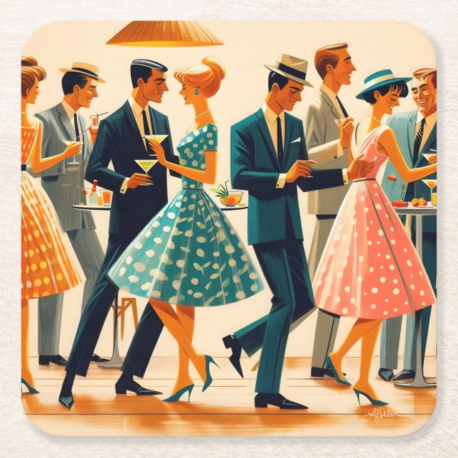 Dessous-de-verre Carré En Papier Mi-siècle Moderne Martinis Danser Cocktail Party (Devant)