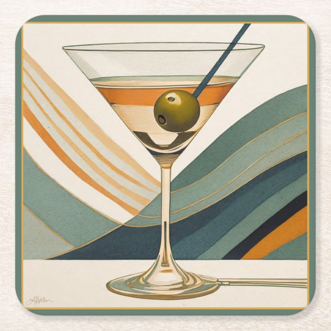 Dessous-de-verre Carré En Papier Mid Century Modern Martini Cocktail Heure (Devant)