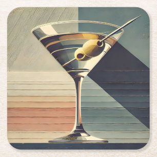 Dessous-de-verre Carré En Papier Mid Century Moderne 2 Olive Martini Cocktail Heure