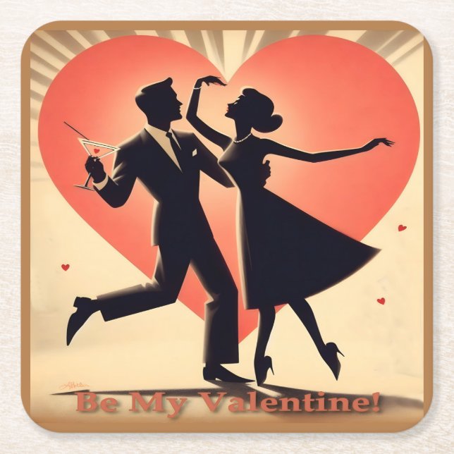 Dessous-de-verre Carré En Papier Mid Century moderne Valentine Dancing Couple (Devant)