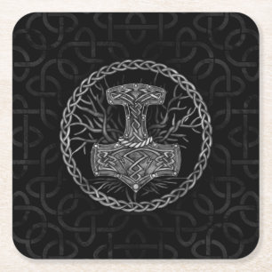 Dessous-de-verre Carré En Papier Mjolnir - Le marteau de Thor et l'arbre de vie