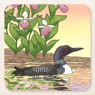 Dessous-de-verre Carré En Papier MN State Bird Flower Loon Lady Slipper
